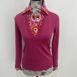 Tory Burch Wool Hot Pink Sweater W/Detachable Paisley Bib Preppy Old Money Sz XS